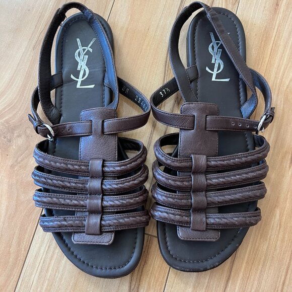 Yves Saint Laurent YSL Gladiator Flat Sandals Dark Brown Leather size 37.5 - Picture 2 of 13